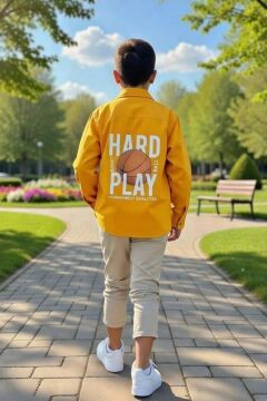 Erkek Çocuk Sırt Baskılı ÇıtÇıt Düğmeli Sarı Gömlek Dar Kesim Pantolon Alt Üst Takım