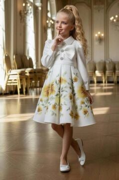 Kız Çocuk Göğsünde Kurdela Detayı Taş İşlmeli Şifon Gömlekli, Sarı Gül Baskılı Şifon Elbise