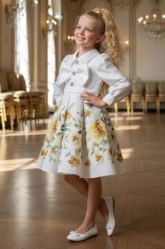 Kız Çocuk Göğsünde Kurdela Detayı Taş İşlmeli Şifon Gömlekli, Sarı Gül Baskılı Şifon Elbise