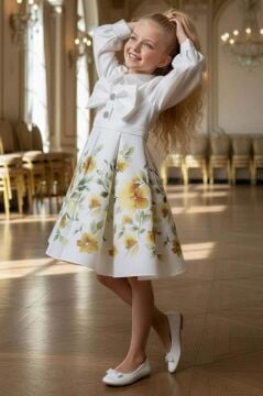 Kız Çocuk Göğsünde Kurdela Detayı Taş İşlmeli Şifon Gömlekli, Sarı Gül Baskılı Şifon Elbise