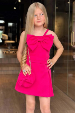 Kız Çocuk Fiyonk Detaylı İp Askılı Fuşya Şortlu Takım