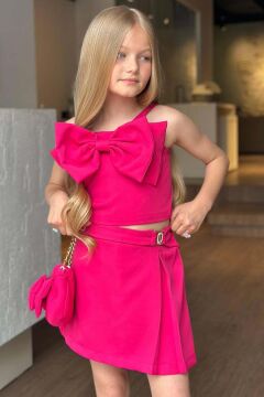 Kız Çocuk Fiyonk Detaylı İp Askılı Fuşya Şortlu Takım