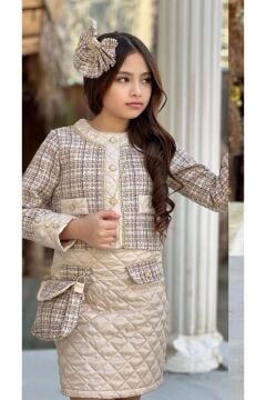 Kız Çocuk Gold Şerit ve Kapitone Detaylı Şanel Kumaş Bej Etekli Takım