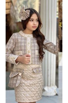 Kız Çocuk Gold Şerit ve Kapitone Detaylı Şanel Kumaş Bej Etekli Takım