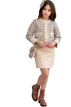 Kız Çocuk Gold Şerit ve Kapitone Detaylı Şanel Kumaş Bej Etekli Takım