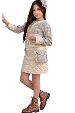 Kız Çocuk Gold Şerit ve Kapitone Detaylı Şanel Kumaş Bej Etekli Takım