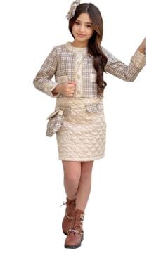 Kız Çocuk Gold Şerit ve Kapitone Detaylı Şanel Kumaş Bej Etekli Takım