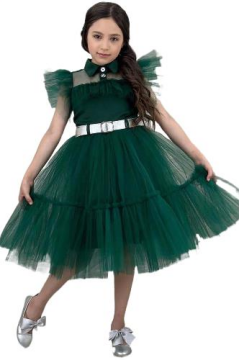 Kız Çocuk Gömlek Yaka Göğsü Ve Kolları Tül Detaylı Wednesday Yeşil Elbise