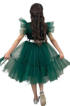 Kız Çocuk Gömlek Yaka Göğsü Ve Kolları Tül Detaylı Wednesday Yeşil Elbise