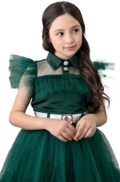 Kız Çocuk Gömlek Yaka Göğsü Ve Kolları Tül Detaylı Wednesday Yeşil Elbise