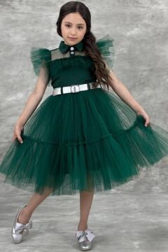 Kız Çocuk Gömlek Yaka Göğsü Ve Kolları Tül Detaylı Wednesday Yeşil Elbise