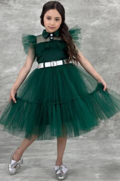 Kız Çocuk Gömlek Yaka Göğsü Ve Kolları Tül Detaylı Wednesday Yeşil Elbise