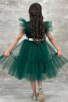 Kız Çocuk Gömlek Yaka Göğsü Ve Kolları Tül Detaylı Wednesday Yeşil Elbise