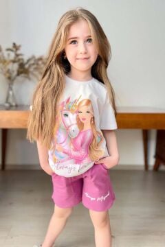 Kız Çocuk Üzeri Digital Bebek ve At Baskılı Yazı Detaylı T-shirt Mor Şortlu Takım