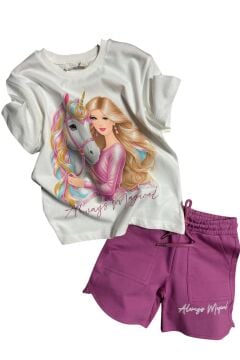 Kız Çocuk Üzeri Digital Bebek ve At Baskılı Yazı Detaylı T-shirt Mor Şortlu Takım