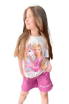 Kız Çocuk Üzeri Digital Bebek ve At Baskılı Yazı Detaylı T-shirt Mor Şortlu Takım