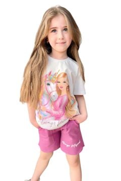 Kız Çocuk Üzeri Digital Bebek ve At Baskılı Yazı Detaylı T-shirt Mor Şortlu Takım
