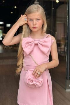 Kız Çocuk Fiyonk Detaylı İp Askılı Pudra Şortlu Takım