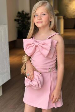 Kız Çocuk Fiyonk Detaylı İp Askılı Pudra Şortlu Takım