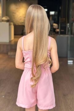 Kız Çocuk Fiyonk Detaylı İp Askılı Pudra Şortlu Takım