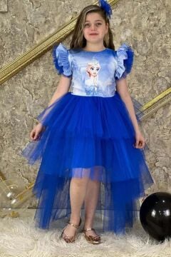 Kız Çocuk Üzeri Karlar Kraliçesi Digital Baskı Kat Kat Tüllü Lacivert Elbise