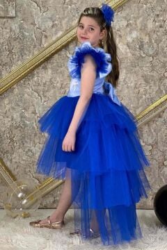 Kız Çocuk Üzeri Karlar Kraliçesi Digital Baskı Kat Kat Tüllü Lacivert Elbise