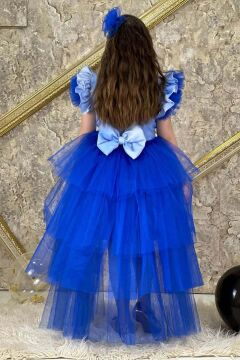 Kız Çocuk Üzeri Karlar Kraliçesi Digital Baskı Kat Kat Tüllü Lacivert Elbise