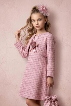 Kız Çocuk Askılı ve Şeffaf Tül Göğüs Detaylı Blazer Ceketli Şanel Pembe Elbise