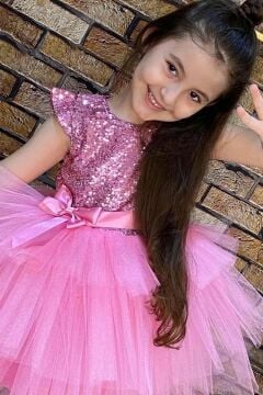 Kız Çocuk Üstü Pulpayet İşlemeli Katkat Pembe Abiye