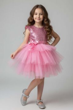 Kız Çocuk Üstü Pulpayet İşlemeli Katkat Pembe Abiye