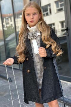 Kız Çocuk Yakası Fırfır ve İnci Detaylı Ekose Elbise New Düğme ve Kemer Detaylı Siyah Trençkot