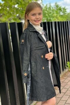 Kız Çocuk Yakası Fırfır ve İnci Detaylı Ekose Elbise New Düğme ve Kemer Detaylı Siyah Trençkot