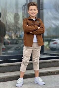 Erkek Çocuk Sırt Baskılı ÇıtÇıt Düğmeli Kahverengi Gömlek Dar Kesim Pantolon Alt Üst Takım