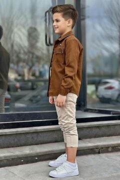 Erkek Çocuk Sırt Baskılı ÇıtÇıt Düğmeli Kahverengi Gömlek Dar Kesim Pantolon Alt Üst Takım