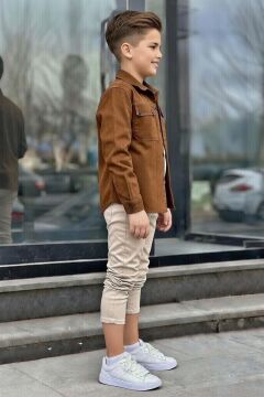 Erkek Çocuk Sırt Baskılı ÇıtÇıt Düğmeli Kahverengi Gömlek Dar Kesim Pantolon Alt Üst Takım