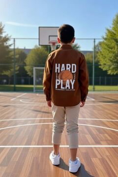 Erkek Çocuk Sırt Baskılı ÇıtÇıt Düğmeli Kahverengi Gömlek Dar Kesim Pantolon Alt Üst Takım