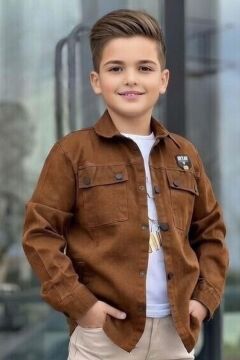 Erkek Çocuk Sırt Baskılı ÇıtÇıt Düğmeli Kahverengi Gömlek Dar Kesim Pantolon Alt Üst Takım