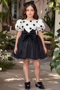 Kız Çocuk Beli Fiyonk ve Üzeri Puantiye Detaylı Balon Kollu Siyah Kabarık Abiye