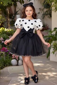 Kız Çocuk Beli Fiyonk ve Üzeri Puantiye Detaylı Balon Kollu Siyah Kabarık Abiye
