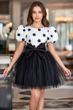 Kız Çocuk Beli Fiyonk ve Üzeri Puantiye Detaylı Balon Kollu Siyah Kabarık Abiye