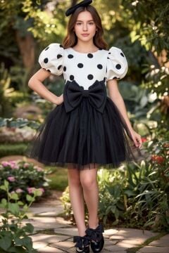 Kız Çocuk Beli Fiyonk ve Üzeri Puantiye Detaylı Balon Kollu Siyah Kabarık Abiye