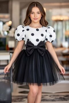 Kız Çocuk Beli Fiyonk ve Üzeri Puantiye Detaylı Balon Kollu Siyah Kabarık Abiye
