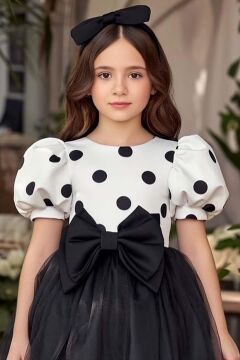 Kız Çocuk Beli Fiyonk ve Üzeri Puantiye Detaylı Balon Kollu Siyah Kabarık Abiye