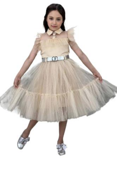 Kız Çocuk Gömlek Yaka Göğsü Ve Kolları Tül Detaylı Wednesday Somon Elbise