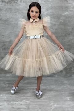 Kız Çocuk Gömlek Yaka Göğsü Ve Kolları Tül Detaylı Wednesday Somon Elbise