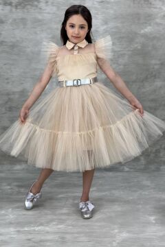 Kız Çocuk Gömlek Yaka Göğsü Ve Kolları Tül Detaylı Wednesday Somon Elbise