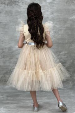 Kız Çocuk Gömlek Yaka Göğsü Ve Kolları Tül Detaylı Wednesday Somon Elbise