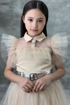 Kız Çocuk Gömlek Yaka Göğsü Ve Kolları Tül Detaylı Wednesday Somon Elbise