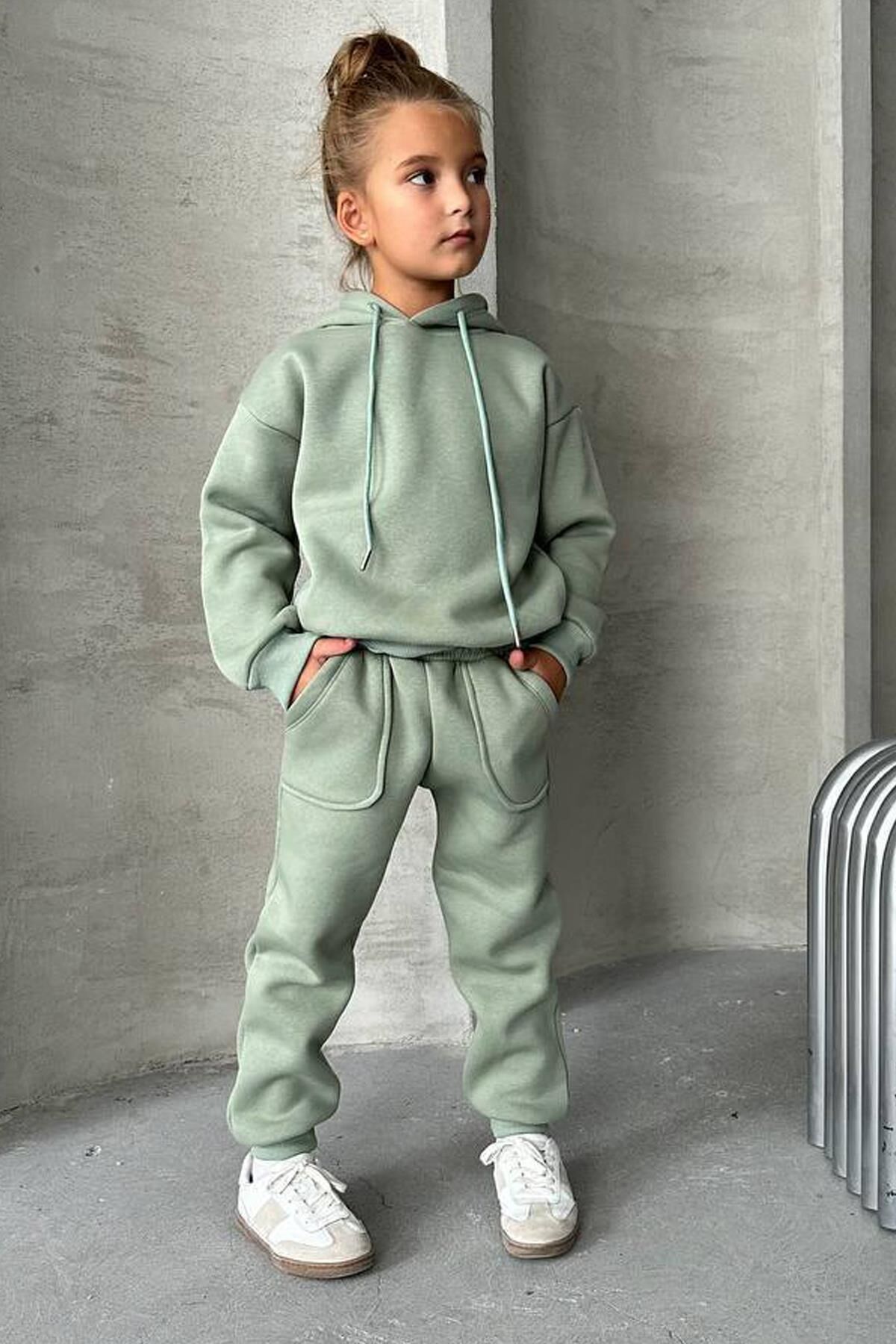 Kız Çocuk Şardonlu İp Detaylı Sweatshirt Pamuklu Yosun Yeşili Eşofman Takım