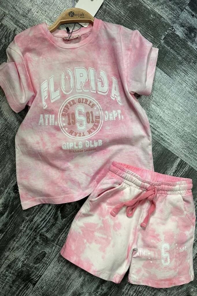 Kız Çocuk Florida Yazı Baskılı Penye T-Shirt Pembe Şortlu Takım